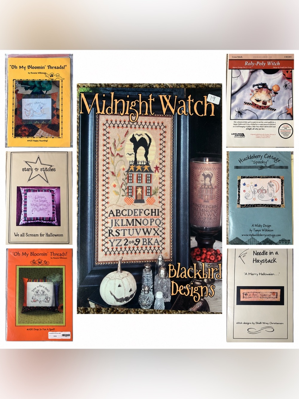 Halloween Cross Stitch Pattern Lot of 7 Blackbird Designs Witch Cat Embroidery